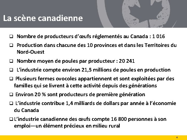 La scène canadienne q Nombre de producteurs d’œufs réglementés au Canada : 1 016
