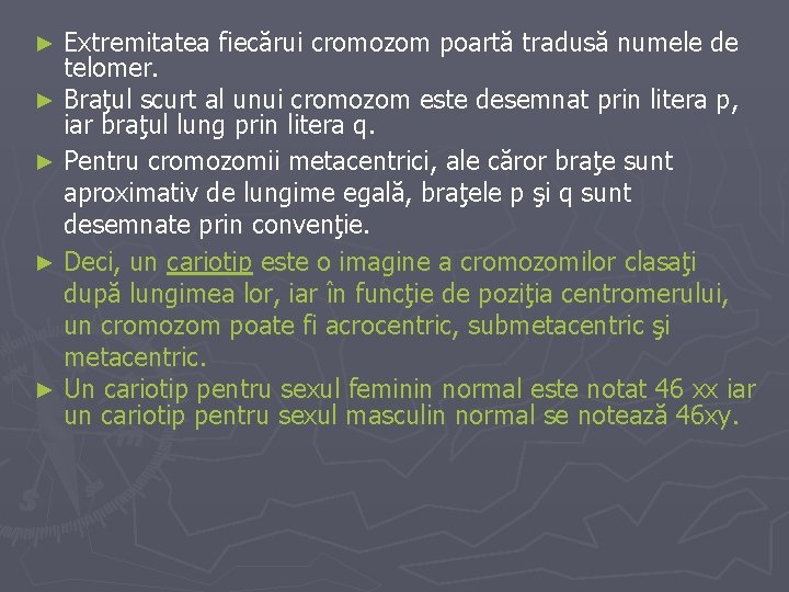 Extremitatea fiecărui cromozom poartă tradusă numele de telomer. ► Braţul scurt al unui cromozom
