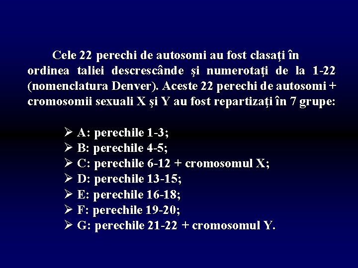 Cele 22 perechi de autosomi au fost clasaţi în ordinea taliei descrescânde şi numerotaţi