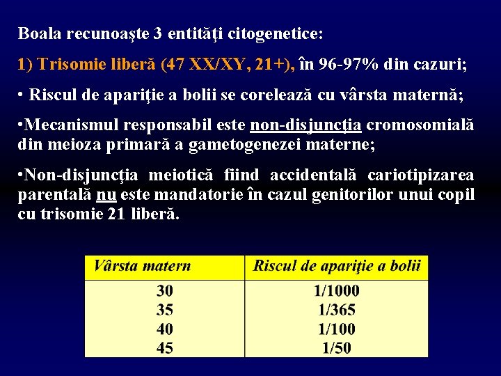 Boala recunoaşte 3 entităţi citogenetice: 1) Trisomie liberă (47 XX/XY, 21+), în 96 -97%