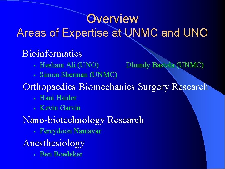 Overview Areas of Expertise at UNMC and UNO Bioinformatics • • Hesham Ali (UNO)