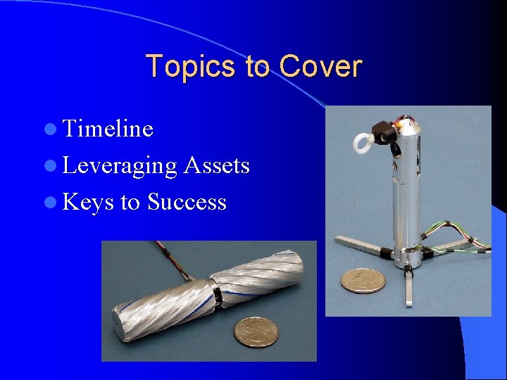 Topics to Cover l Timeline l Leveraging Assets l Keys to Success 