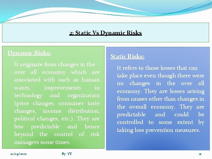 2: Static Vs Dynamic Risks: Static Risks: It originate from changes in the over