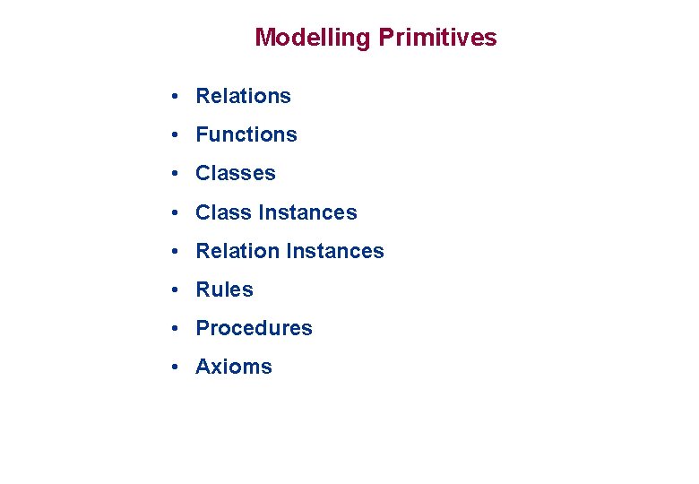 Modelling Primitives • Relations • Functions • Classes • Class Instances • Relation Instances Modelling Primitives • Relations • Functions • Classes • Class Instances • Relation Instances