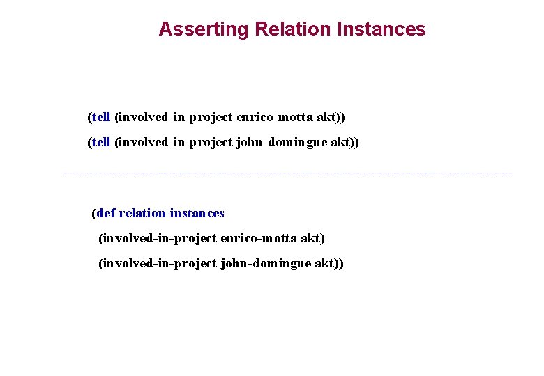 Asserting Relation Instances (tell (involved-in-project enrico-motta akt)) (tell (involved-in-project john-domingue akt)) (def-relation-instances (involved-in-project enrico-motta Asserting Relation Instances (tell (involved-in-project enrico-motta akt)) (tell (involved-in-project john-domingue akt)) (def-relation-instances (involved-in-project enrico-motta