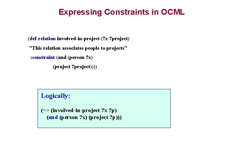 Expressing Constraints in OCML (def-relation involved-in-project (? x ? project) "This relation associates people Expressing Constraints in OCML (def-relation involved-in-project (? x ? project) "This relation associates people