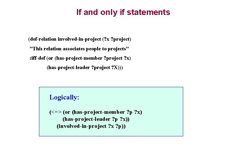 If and only if statements (def-relation involved-in-project (? x ? project) "This relation associates If and only if statements (def-relation involved-in-project (? x ? project) "This relation associates