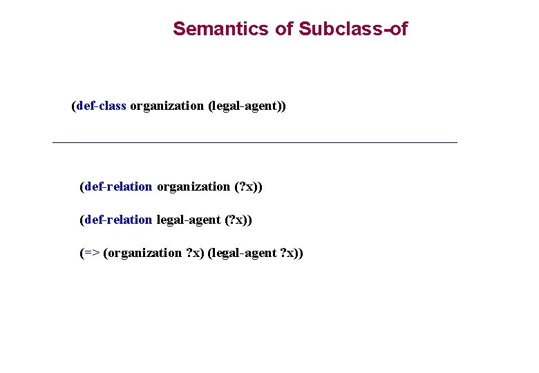 Semantics of Subclass-of (def-class organization (legal-agent)) (def-relation organization (? x)) (def-relation legal-agent (? x)) Semantics of Subclass-of (def-class organization (legal-agent)) (def-relation organization (? x)) (def-relation legal-agent (? x))