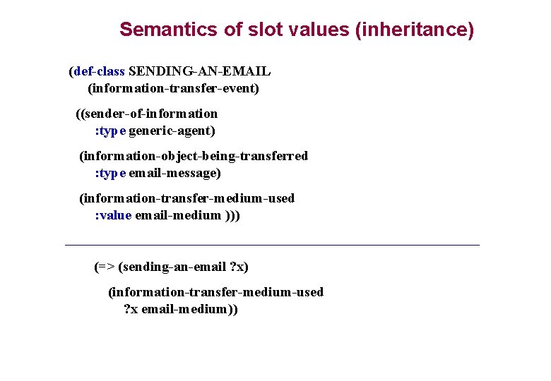 Semantics of slot values (inheritance) (def-class SENDING-AN-EMAIL (information-transfer-event) ((sender-of-information : type generic-agent) (information-object-being-transferred : Semantics of slot values (inheritance) (def-class SENDING-AN-EMAIL (information-transfer-event) ((sender-of-information : type generic-agent) (information-object-being-transferred :