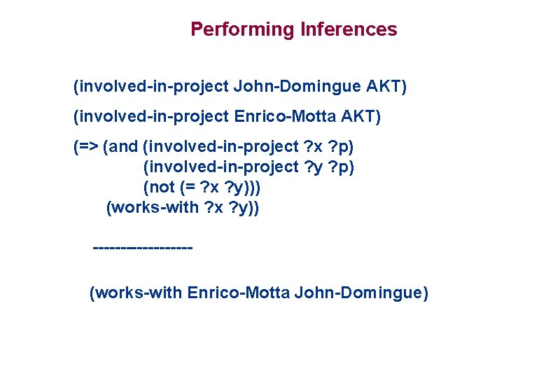 Performing Inferences (involved-in-project John-Domingue AKT) (involved-in-project Enrico-Motta AKT) (=> (and (involved-in-project ? x ? Performing Inferences (involved-in-project John-Domingue AKT) (involved-in-project Enrico-Motta AKT) (=> (and (involved-in-project ? x ?