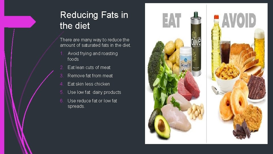 Reducing Fats in the diet There are many way to reduce the amount of