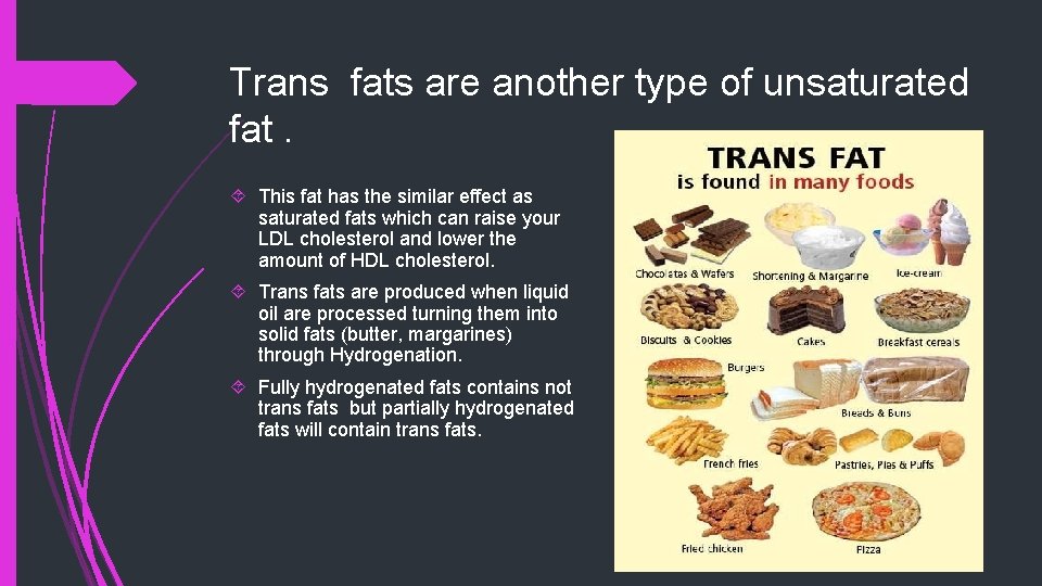 Trans fats are another type of unsaturated fat. This fat has the similar effect