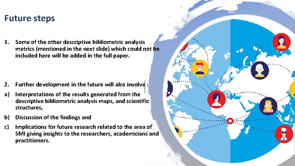 Future steps 1. Some of the other descriptive bibliometric analysis metrics (mentioned in the