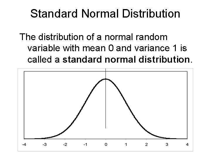 Standard Normal Distribution The distribution of a normal random variable with mean 0 and