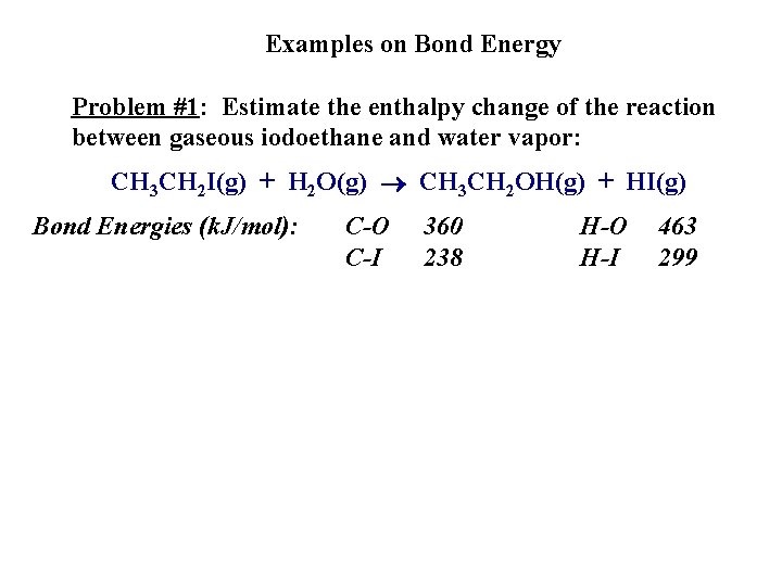 Examples on Bond Energy Problem #1: Estimate the enthalpy change of the reaction between