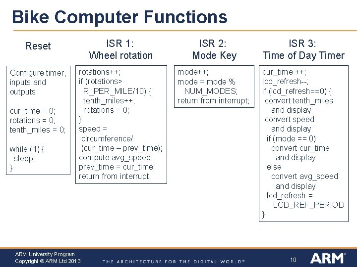 Bike Computer Functions Reset ISR 1: Wheel rotation ISR 2: Mode Key ISR 3: