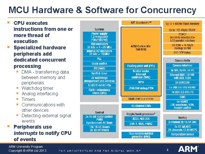 MCU Hardware & Software for Concurrency § § CPU executes instructions from one or