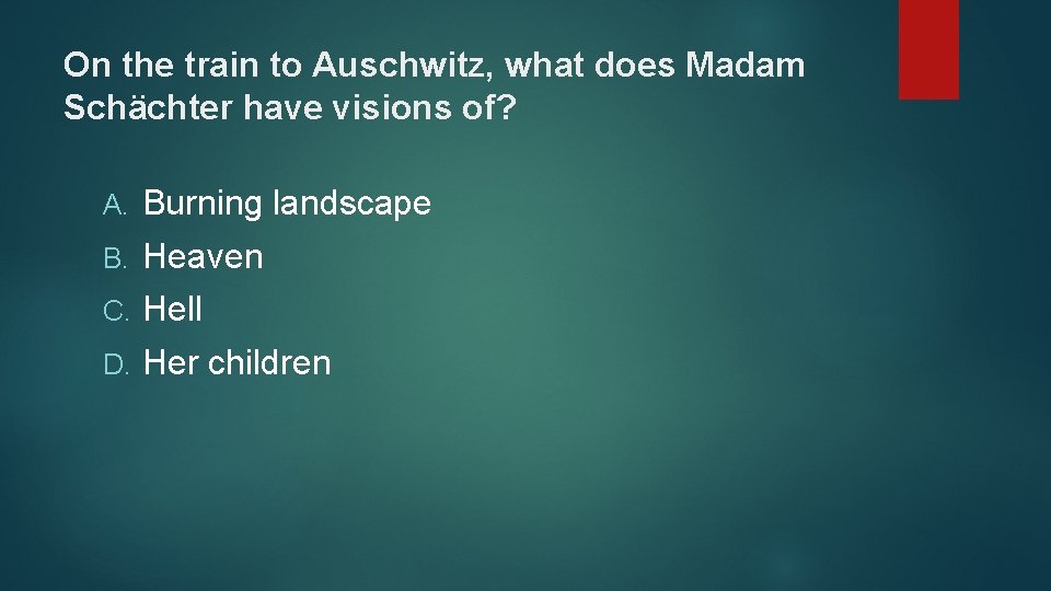 On the train to Auschwitz, what does Madam Schächter have visions of? A. Burning