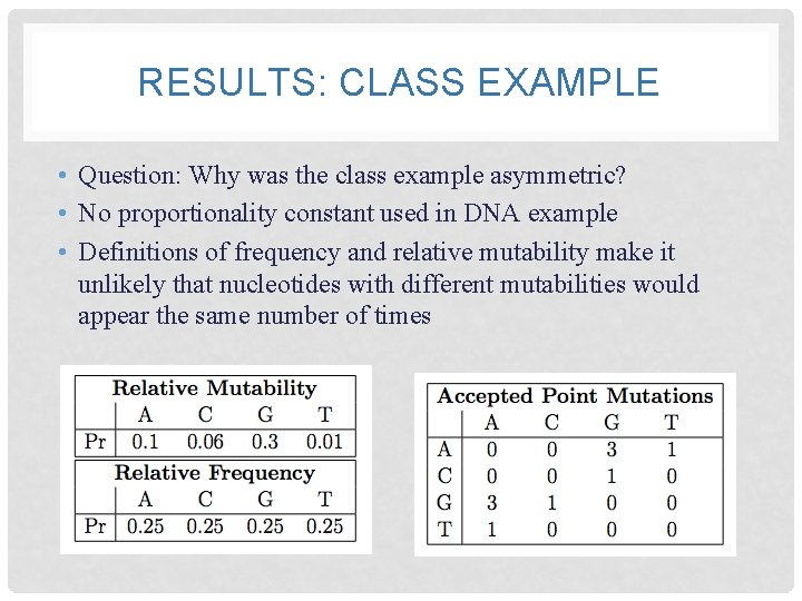 RESULTS: CLASS EXAMPLE • Question: Why was the class example asymmetric? • No proportionality