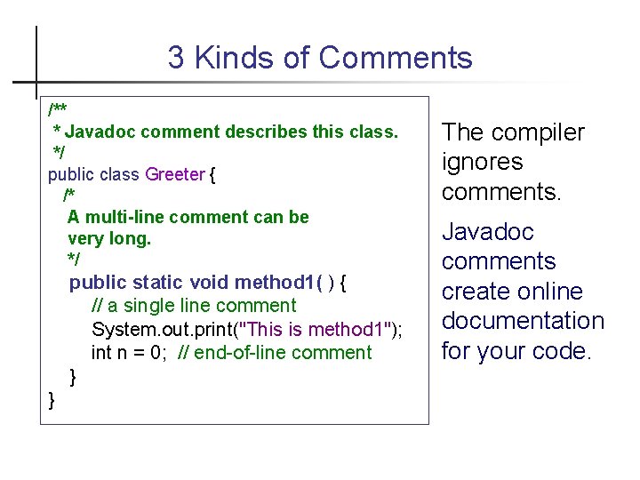 3 Kinds of Comments /** * Javadoc comment describes this class. */ public class