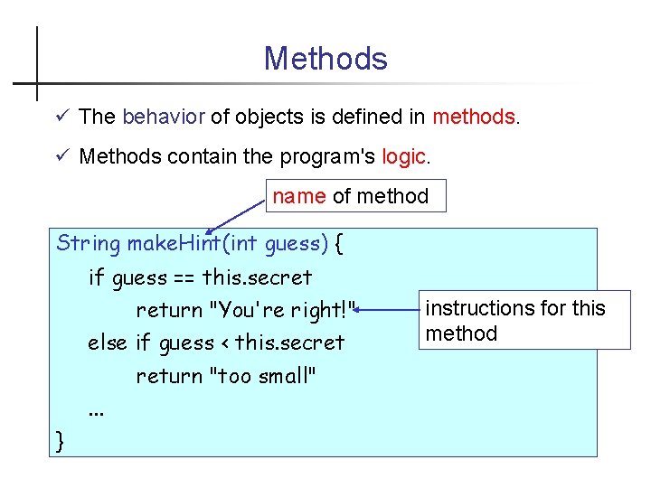 Methods The behavior of objects is defined in methods. Methods contain the program's logic.