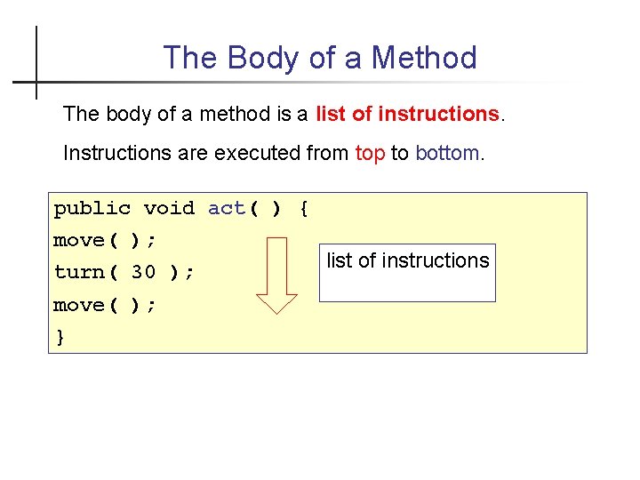 The Body of a Method The body of a method is a list of