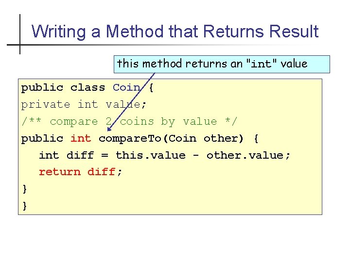 Writing a Method that Returns Result this method returns an "int" value public class