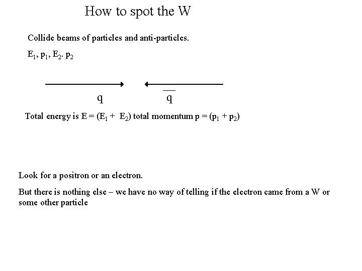 How to spot the W Collide beams of particles and anti-particles. E 1, p