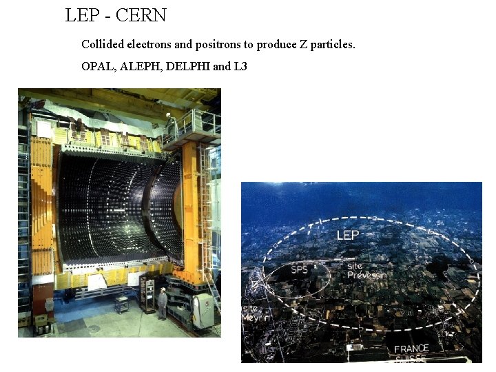 LEP - CERN Collided electrons and positrons to produce Z particles. OPAL, ALEPH, DELPHI