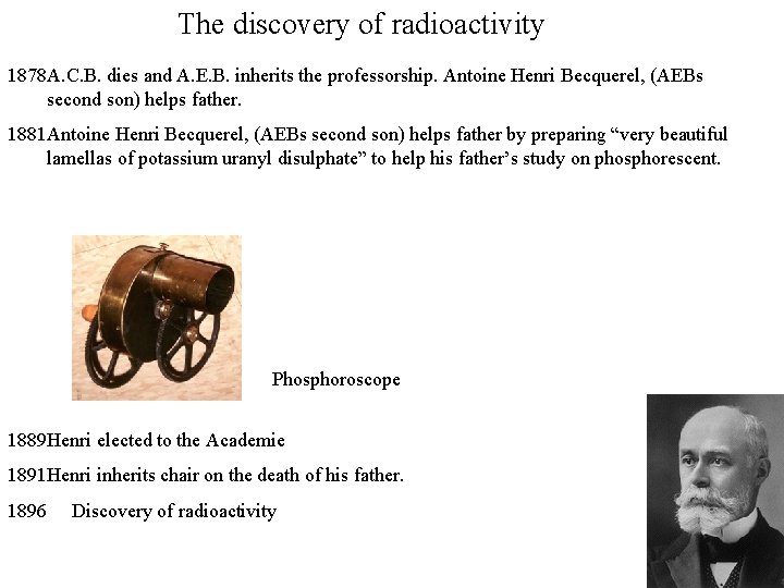 The discovery of radioactivity 1878 A. C. B. dies and A. E. B. inherits