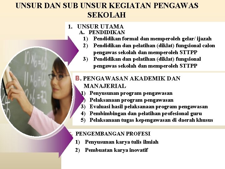 UNSUR DAN SUB UNSUR KEGIATAN PENGAWAS SEKOLAH 1. UNSUR UTAMA A. PENDIDIKAN 1) Pendidikan