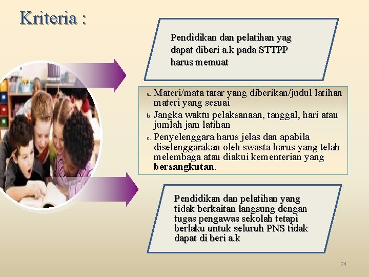 Kriteria : Pendidikan dan pelatihan yag dapat diberi a. k pada STTPP harus memuat