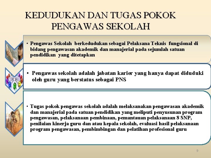 KEDUDUKAN DAN TUGAS POKOK PENGAWAS SEKOLAH • Pengawas Sekolah berkedudukan sebagai Pelaksana Teknis fungsional