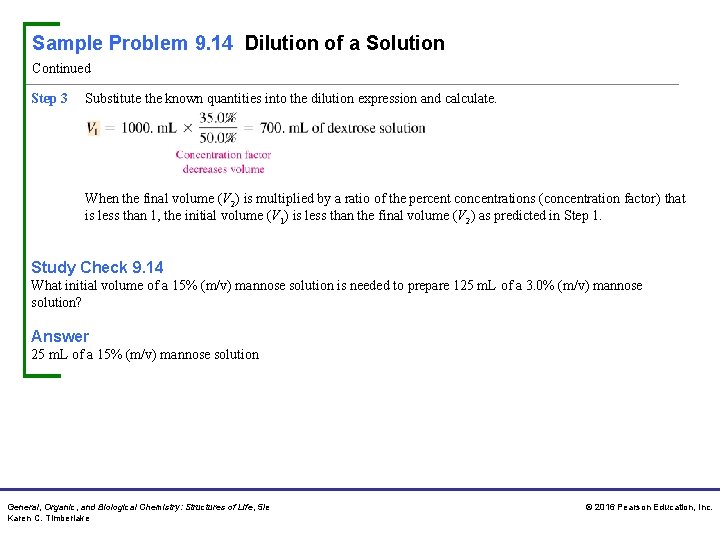 Sample Problem 9. 14 Dilution of a Solution Continued Step 3 Substitute the known