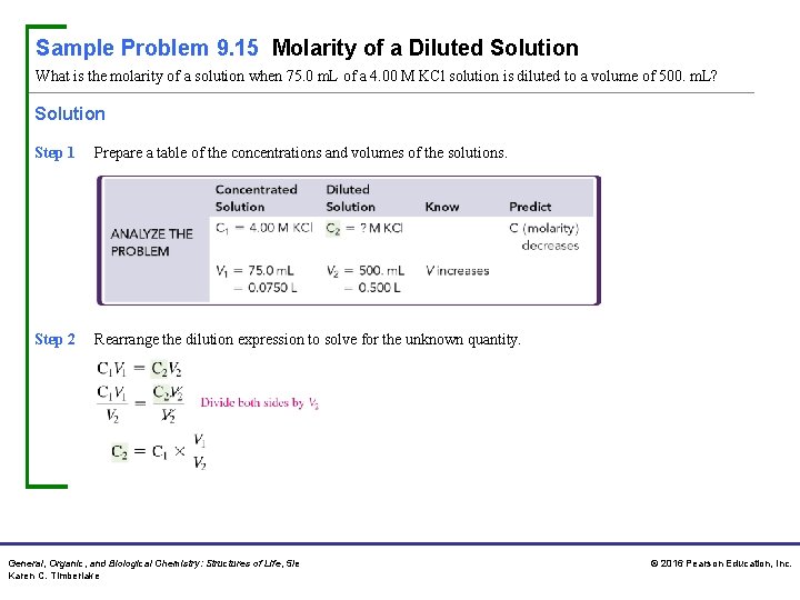 Sample Problem 9. 15 Molarity of a Diluted Solution What is the molarity of