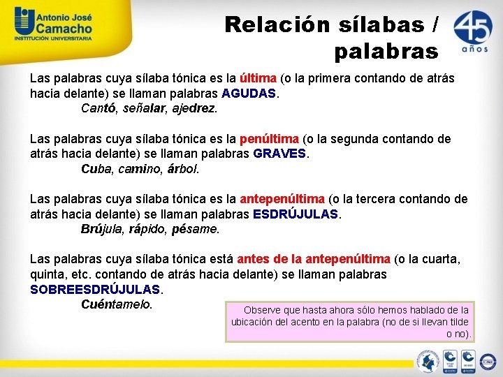 Relación sílabas / palabras Las palabras cuya sílaba tónica es la última (o la