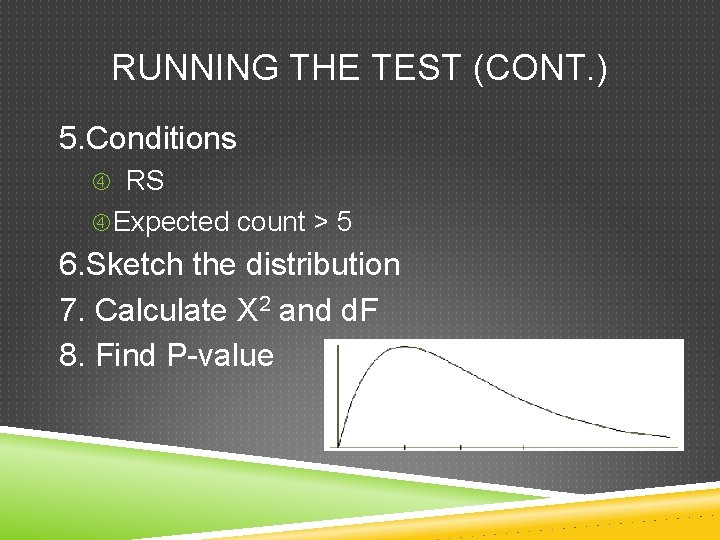 RUNNING THE TEST (CONT. ) 5. Conditions RS Expected count > 5 6. Sketch