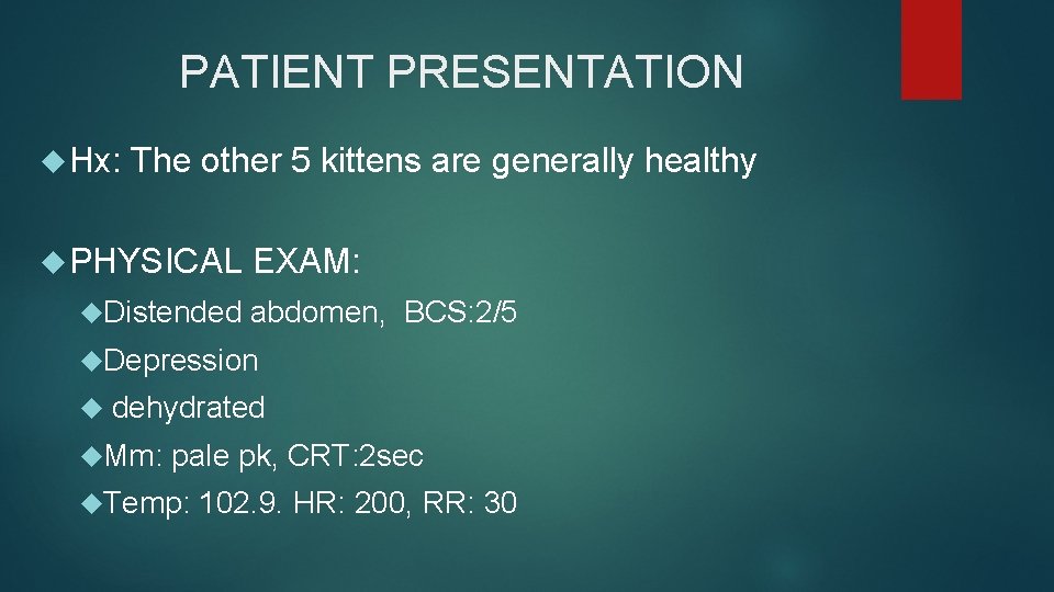 PATIENT PRESENTATION Hx: The other 5 kittens are generally healthy PHYSICAL Distended EXAM: abdomen,