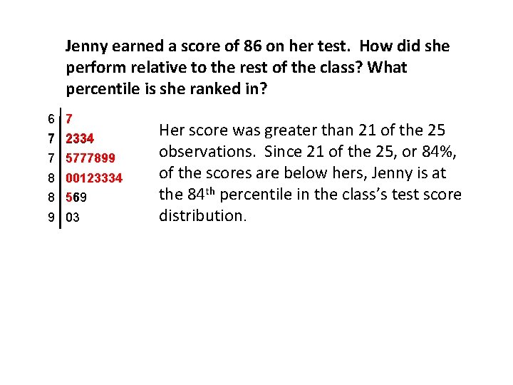 Jenny earned a score of 86 on her test. How did she perform relative