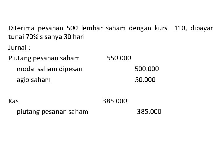 Diterima pesanan 500 lembar saham dengan kurs 110, dibayar tunai 70% sisanya 30 hari