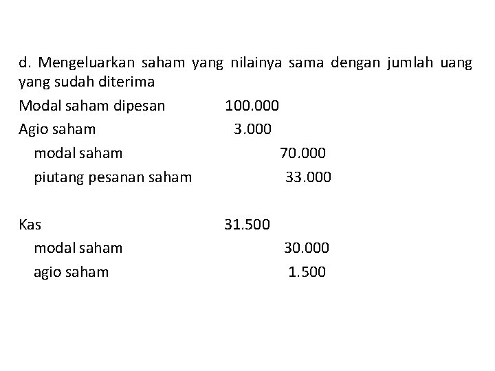 d. Mengeluarkan saham yang nilainya sama dengan jumlah uang yang sudah diterima Modal saham