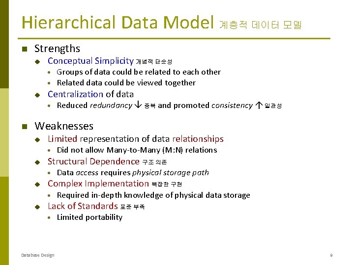 Hierarchical Data Model 계층적 데이터 모델 Strengths u Conceptual Simplicity 개념적 단순성 · · Hierarchical Data Model 계층적 데이터 모델 Strengths u Conceptual Simplicity 개념적 단순성 · ·