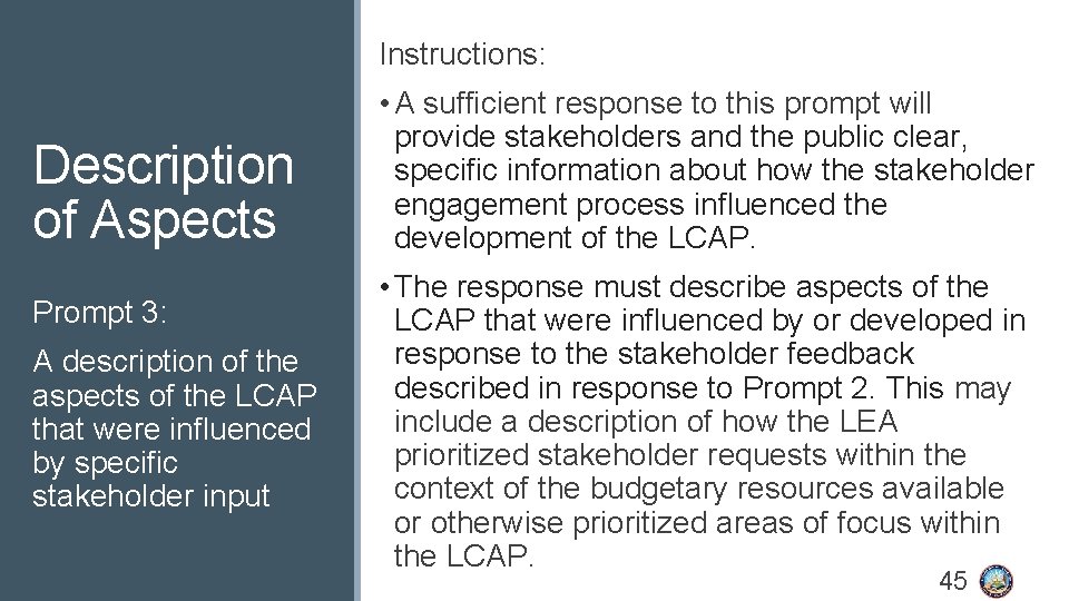 Instructions: Description of Aspects Prompt 3: A description of the aspects of the LCAP