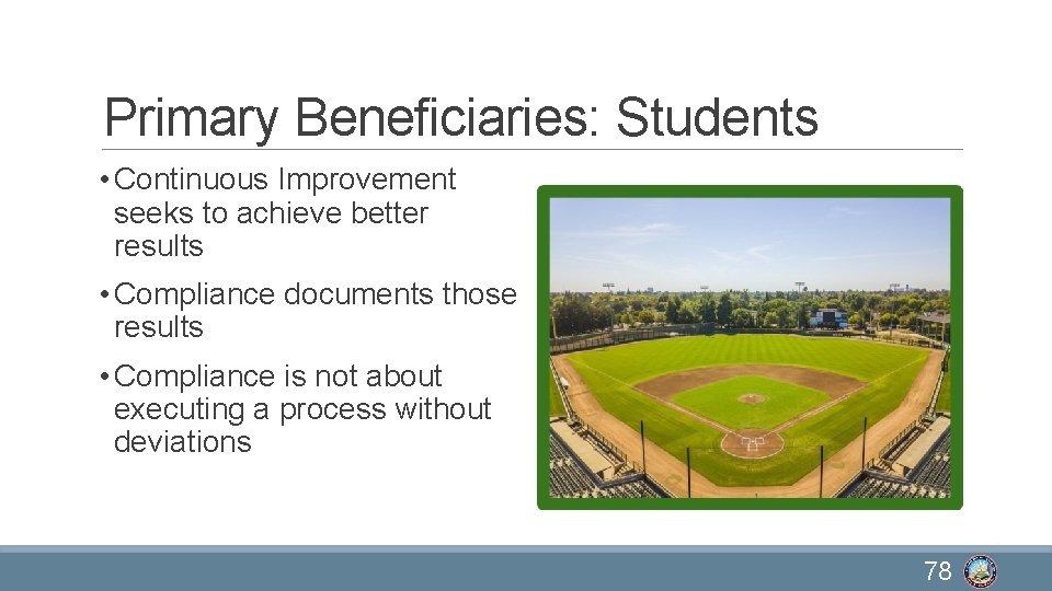 Primary Beneficiaries: Students • Continuous Improvement seeks to achieve better results • Compliance documents