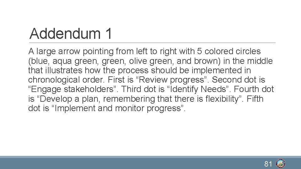 Addendum 1 A large arrow pointing from left to right with 5 colored circles