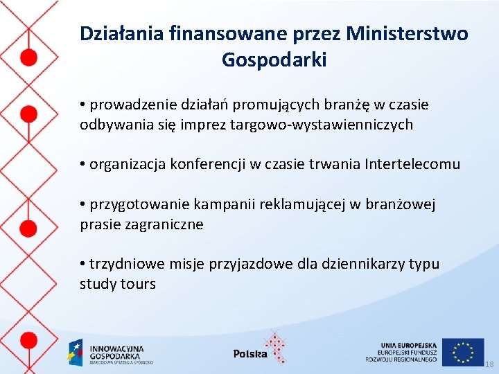 Działania finansowane przez Ministerstwo Gospodarki • prowadzenie działań promujących branżę w czasie odbywania się