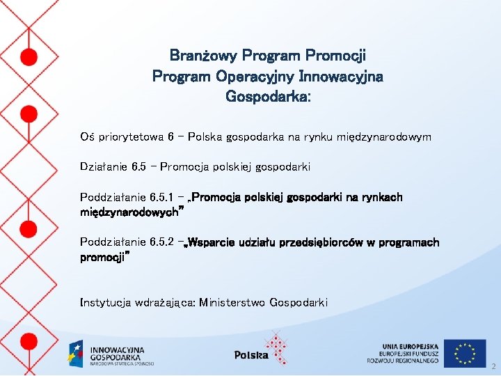 Branżowy Program Promocji Program Operacyjny Innowacyjna Gospodarka: Oś priorytetowa 6 - Polska gospodarka na