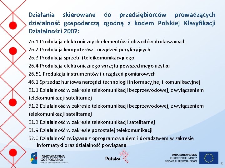 Działania skierowane do przedsiębiorców prowadzących działalność gospodarczą zgodną z kodem Polskiej Klasyfikacji Działalności 2007: