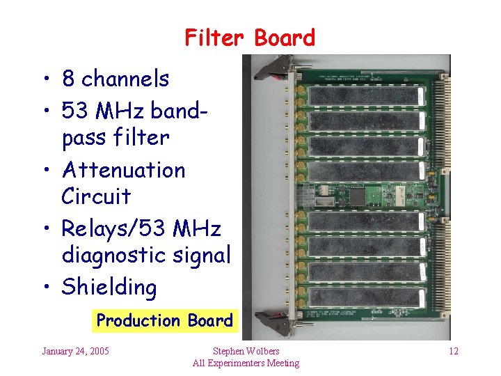 Filter Board • 8 channels • 53 MHz bandpass filter • Attenuation Circuit •