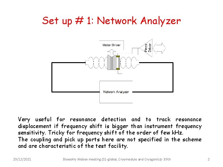Set up # 1: Network Analyzer Very useful for resonance detection and to track